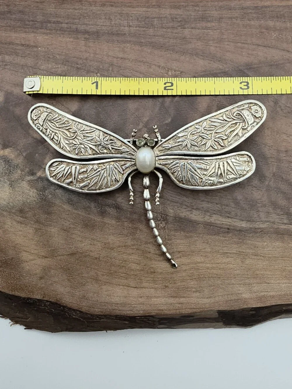 Vintage Dragonfly Insect Brooch Pearl Repousse Art Nouveau 925 Sterling Silver